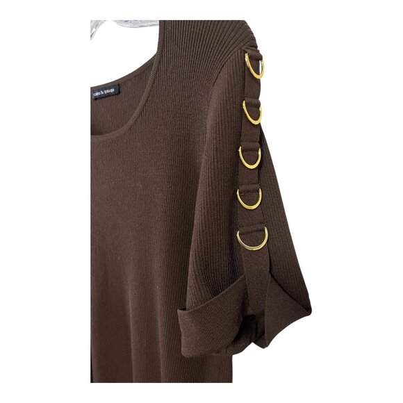 Cable & Gauge Women’s L Brown Ribbed Top – Gold D-Ring Sleeve Detail - Picture 2 of 3
